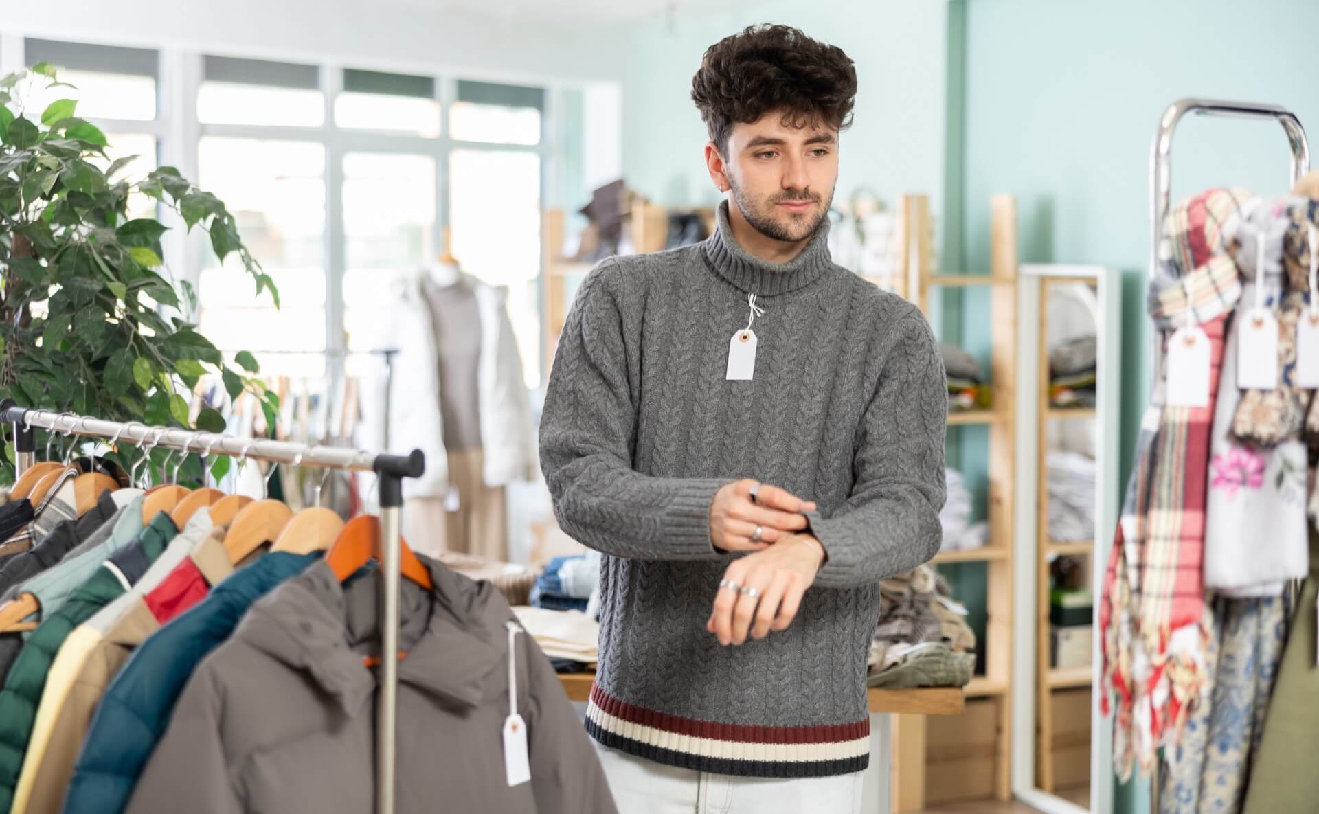 洋服店でグレーのニットを試着し、袖口のサイズ感を確かめる男性